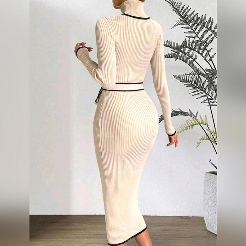 New Luxe Wrap Front Bodycon Ribbed Knit Dress Long Midi Cream Ivory Black - Picture 3 of 7